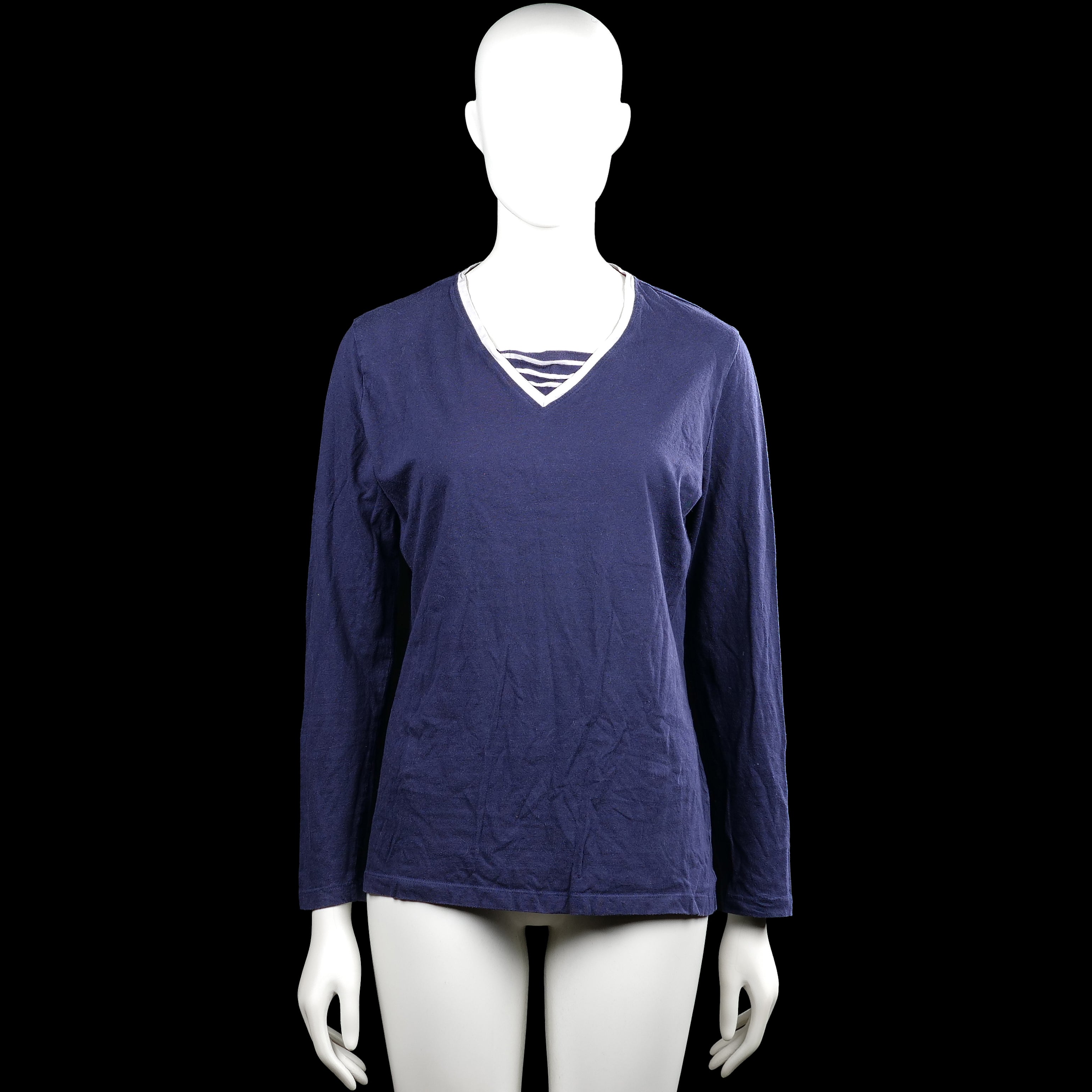 John cabot - Long-sleeve top - Navy & White - Size L - Navy long-sleeve top with a V-neck and a white trim at the neckline. Straight hem and plain cuffs, with a visible white-and-navy striped inset at the chest.