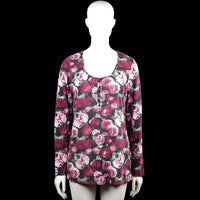 Bodyflirt - Long-sleeve top - Multicolored - Size 40, 42 - Multicolored floral top with a scoop neckline and long sleeves. Features a short button placket at the center front, plain cuffs, and a straight hem.