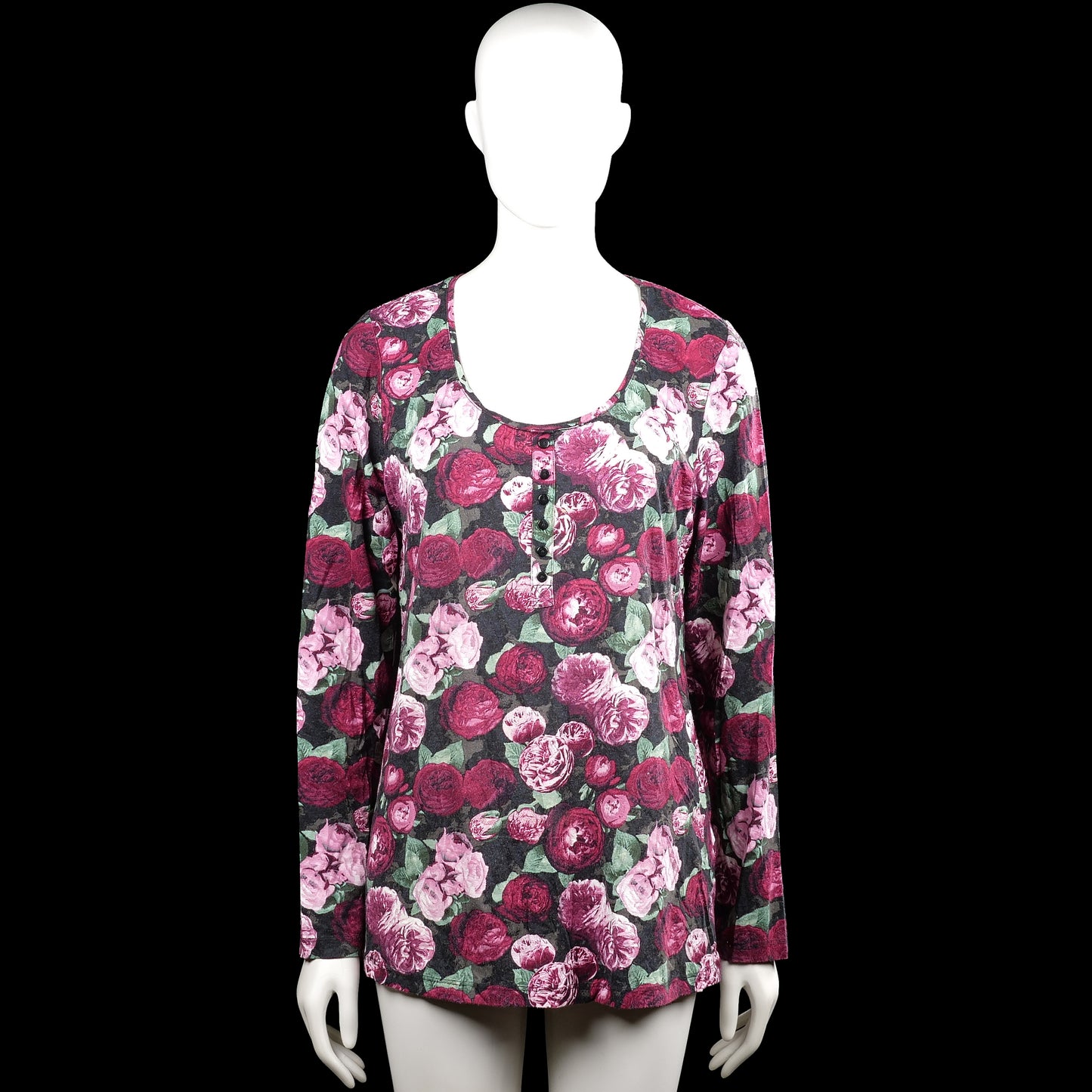 Bodyflirt - Long-sleeve top - Multicolored - Size 40, 42 - Multicolored floral top with a scoop neckline and long sleeves. Features a short button placket at the center front, plain cuffs, and a straight hem.