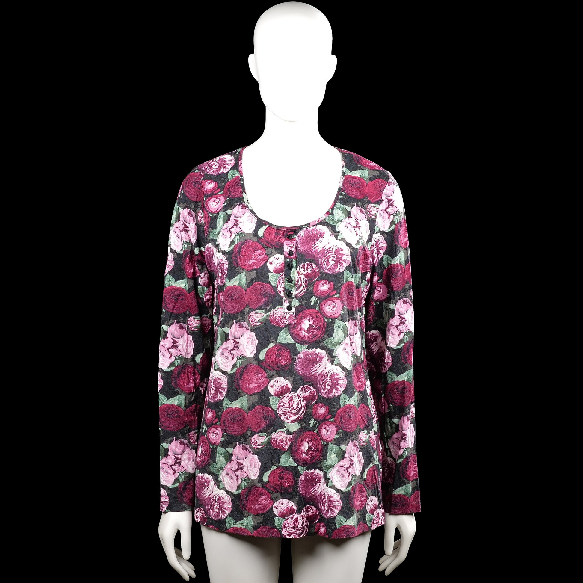 Bodyflirt - Long-sleeve top - Multicolored - Size 40, 42 - Multicolored floral top with a scoop neckline and long sleeves. Features a short button placket at the center front, plain cuffs, and a straight hem.