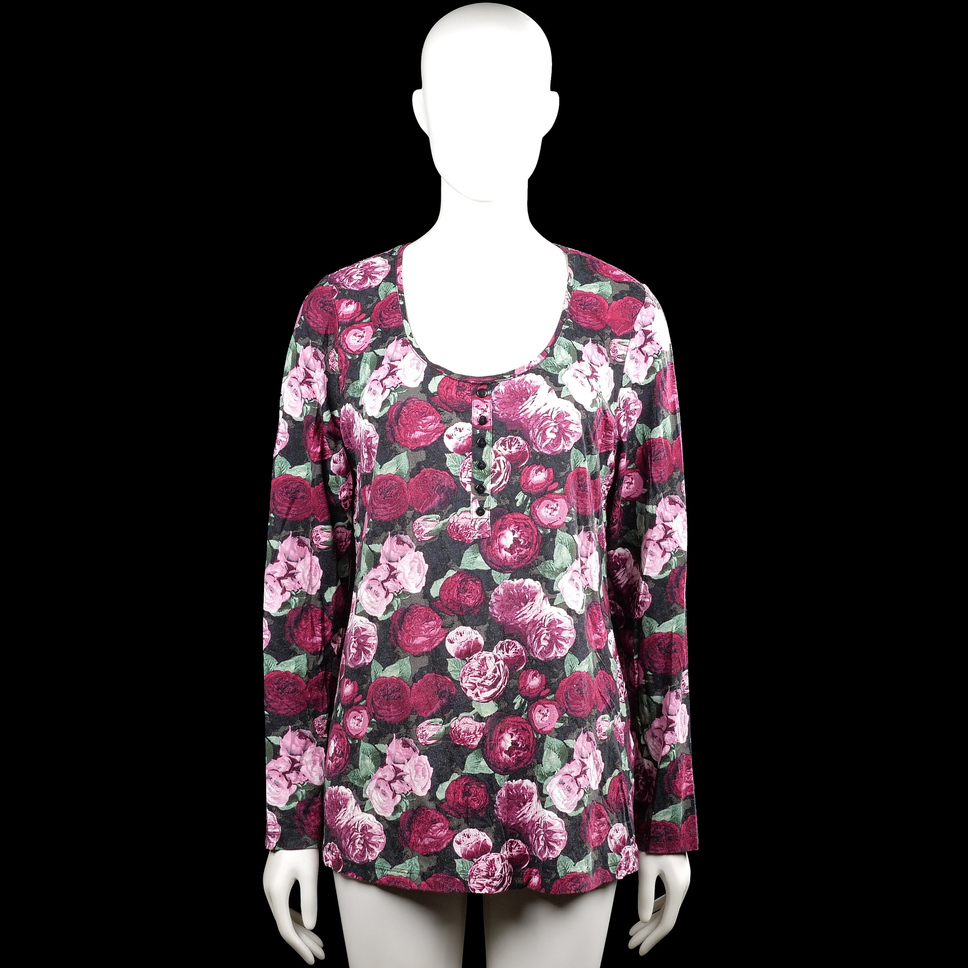 Bodyflirt - Long-sleeve top - Multicolored - Size 40, 42 - Multicolored floral top with a scoop neckline and long sleeves. Features a short button placket at the center front, plain cuffs, and a straight hem.