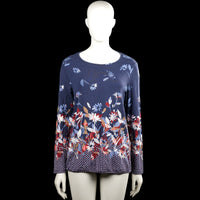Long-sleeve top - Navy & Red - Size 40 - Navy long-sleeve top with a scoop neckline and a floral pattern in red, white, and light blue. Straight hem and plain cuffs, with a small keyhole opening at the back neckline.