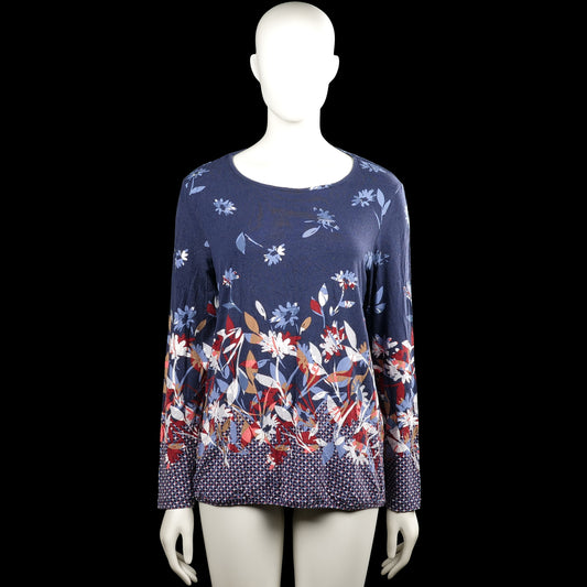 Long-sleeve top - Navy & Red - Size 40 - Navy long-sleeve top with a scoop neckline and a floral pattern in red, white, and light blue. Straight hem and plain cuffs, with a small keyhole opening at the back neckline.