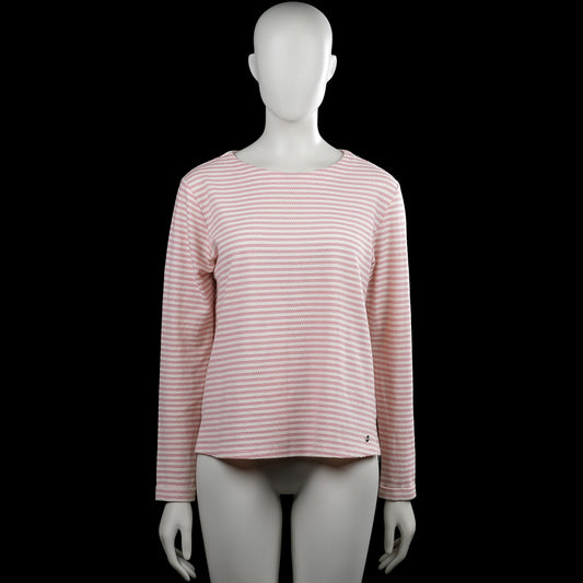 Flash Woman - Long-sleeve top - White & Pink - Size S - White and pink striped top with a boat neckline and long sleeves with plain cuffs. Curved hem with side slits.