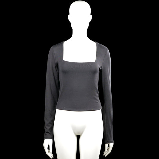 Amisu - Long-sleeve top - Charcoal - Size L - Charcoal solid top with a squared neckline and long sleeves. Straight hem and plain cuffs with no visible closures.