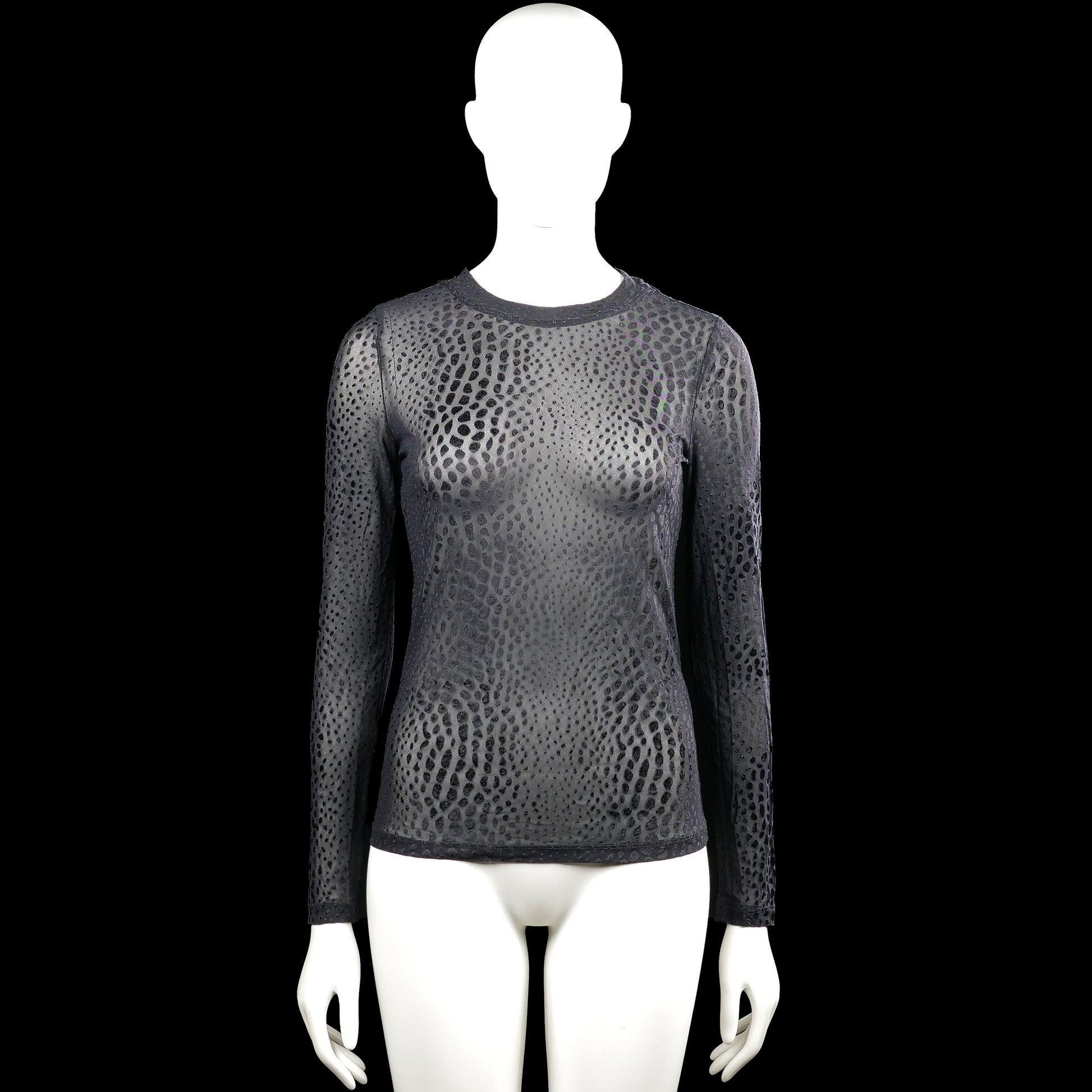 .Object - Long-sleeve top - Gray & Black - Size XS - Gray long-sleeve top with a round neck and black dotted pattern throughout. Straight hem and plain cuffs with no visible closures.