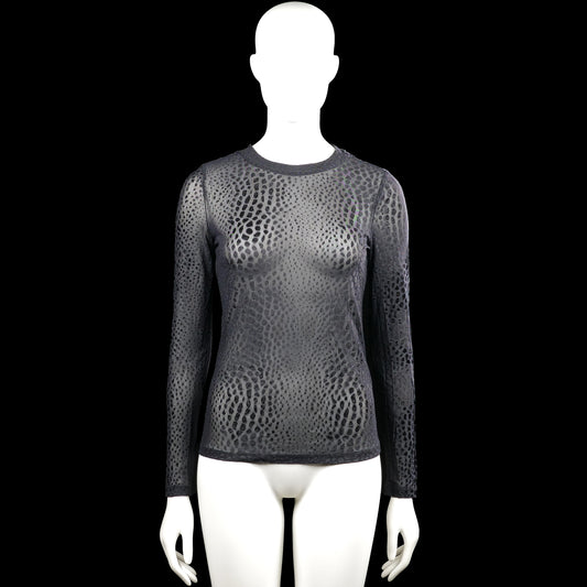 .Object - Long-sleeve top - Gray & Black - Size XS - Gray long-sleeve top with a round neck and black dotted pattern throughout. Straight hem and plain cuffs with no visible closures.
