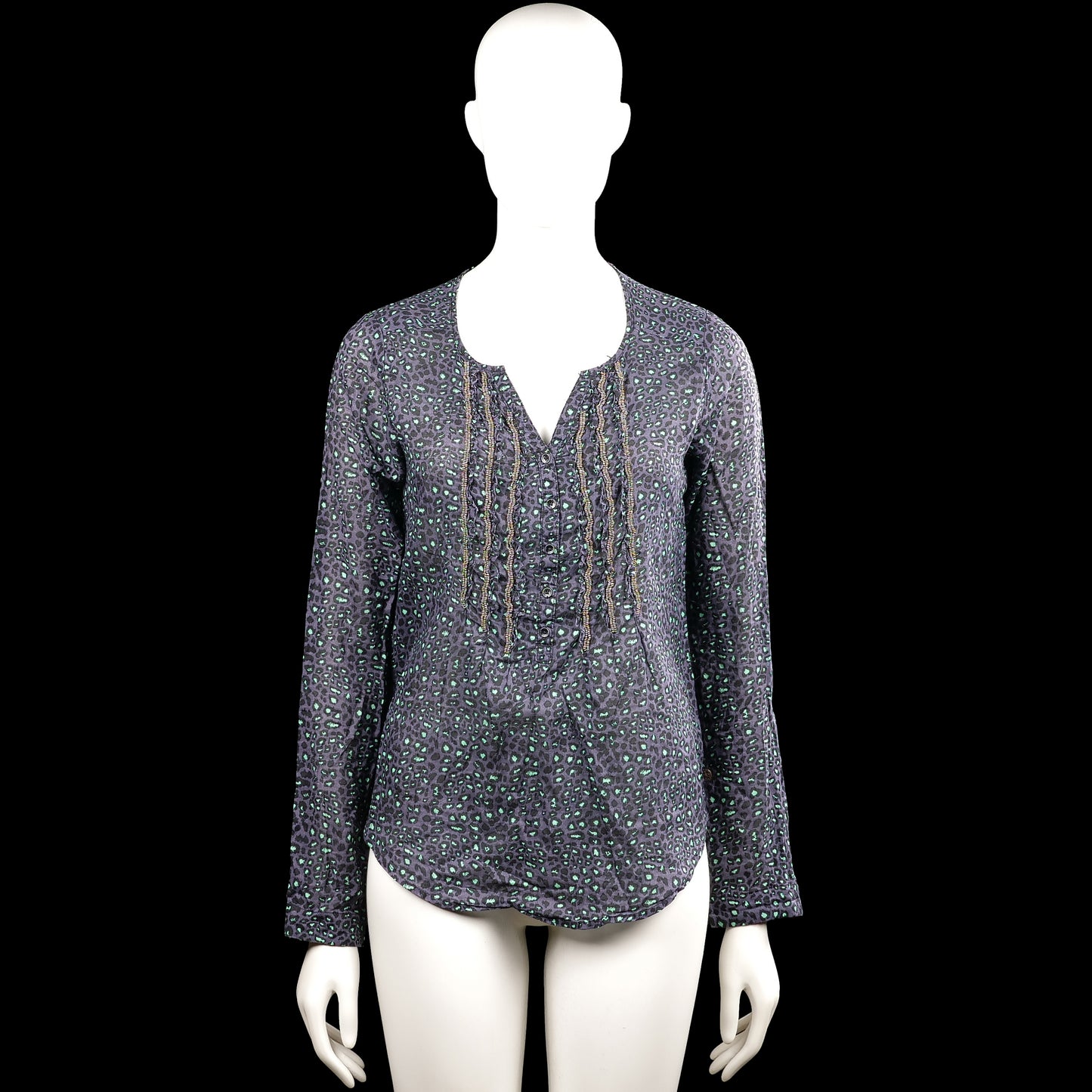 Maison Scotch - Long-sleeve top - Charcoal & Mint - Size S - Charcoal and mint leopard-pattern top with a V-neck and button placket. Long sleeves with button cuffs and a curved hem.