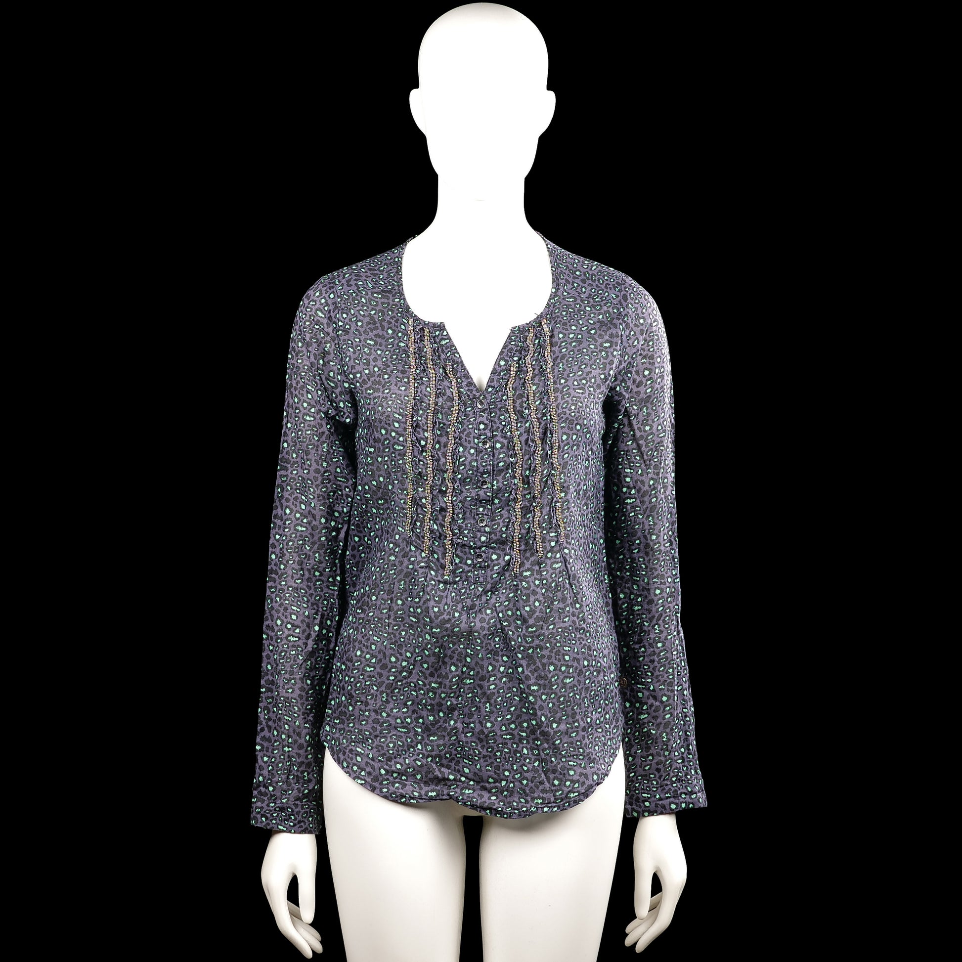 Maison Scotch - Long-sleeve top - Charcoal & Mint - Size S - Charcoal and mint leopard-pattern top with a V-neck and button placket. Long sleeves with button cuffs and a curved hem.