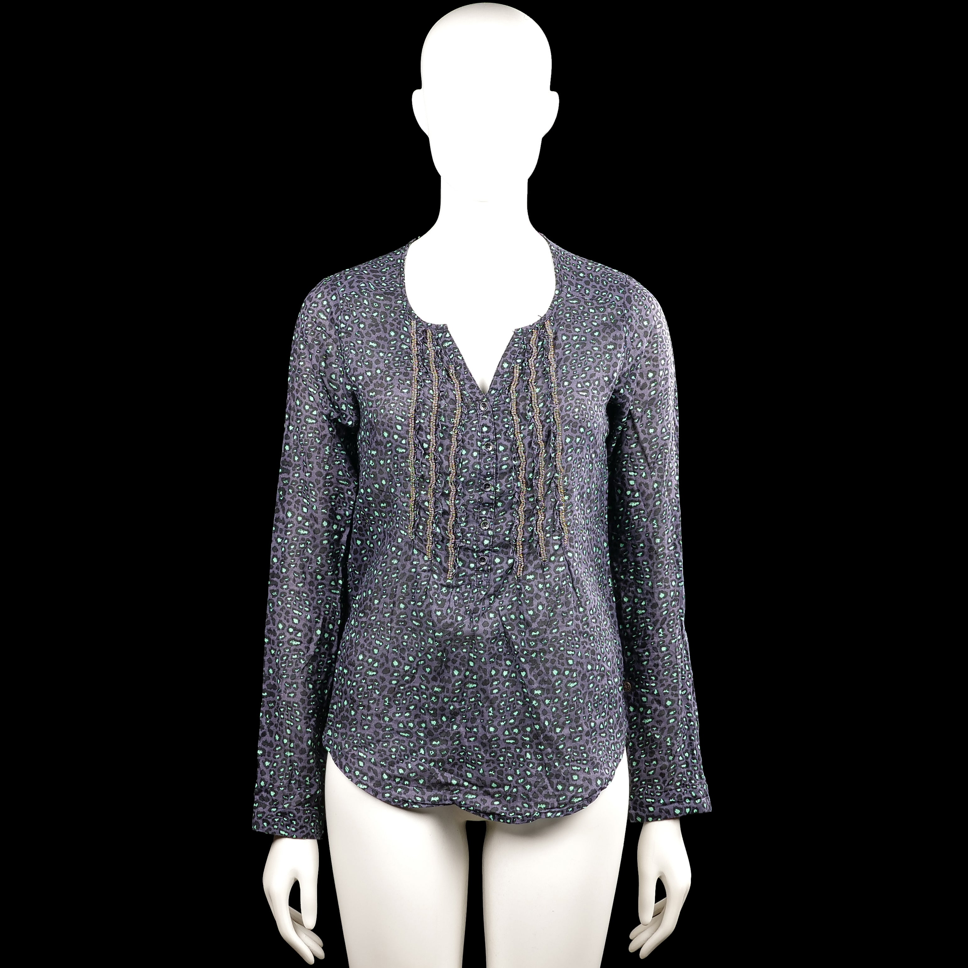 Maison Scotch - Long-sleeve top - Charcoal & Mint - Size S - Charcoal and mint leopard-pattern top with a V-neck and button placket. Long sleeves with button cuffs and a curved hem.