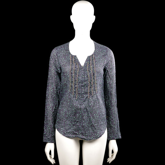 Maison Scotch - Long-sleeve top - Charcoal & Mint - Size S - Charcoal and mint leopard-pattern top with a V-neck and button placket. Long sleeves with button cuffs and a curved hem.