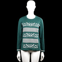 Micha - Long-sleeve top - Forest Green & White - Size S - Forest green and white long-sleeve top with a round neckline and straight hem. Features horizontal bands with mixed patterns and plain cuffs with a thin contrasting stripe.