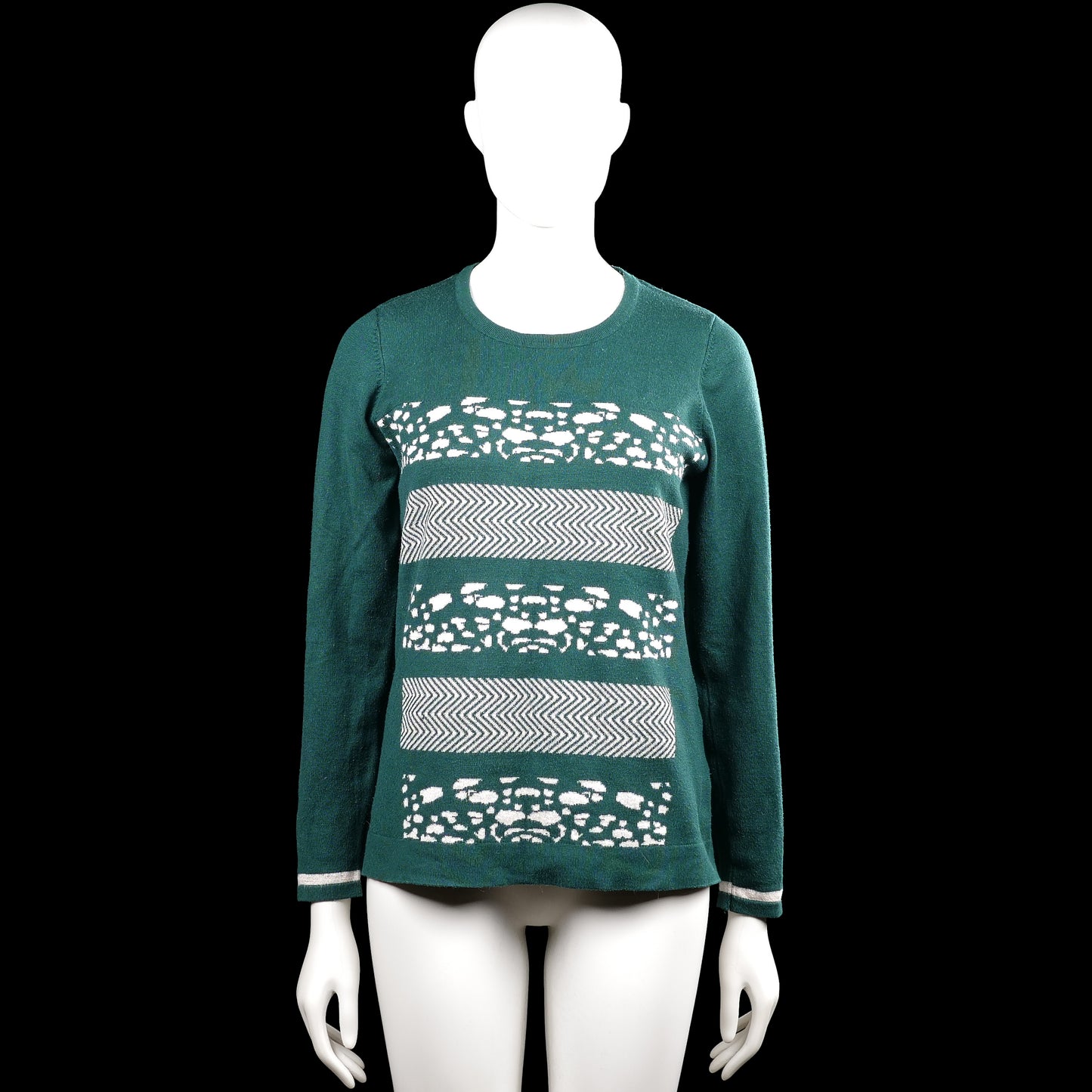 Micha - Long-sleeve top - Forest Green & White - Size S - Forest green and white long-sleeve top with a round neckline and straight hem. Features horizontal bands with mixed patterns and plain cuffs with a thin contrasting stripe.