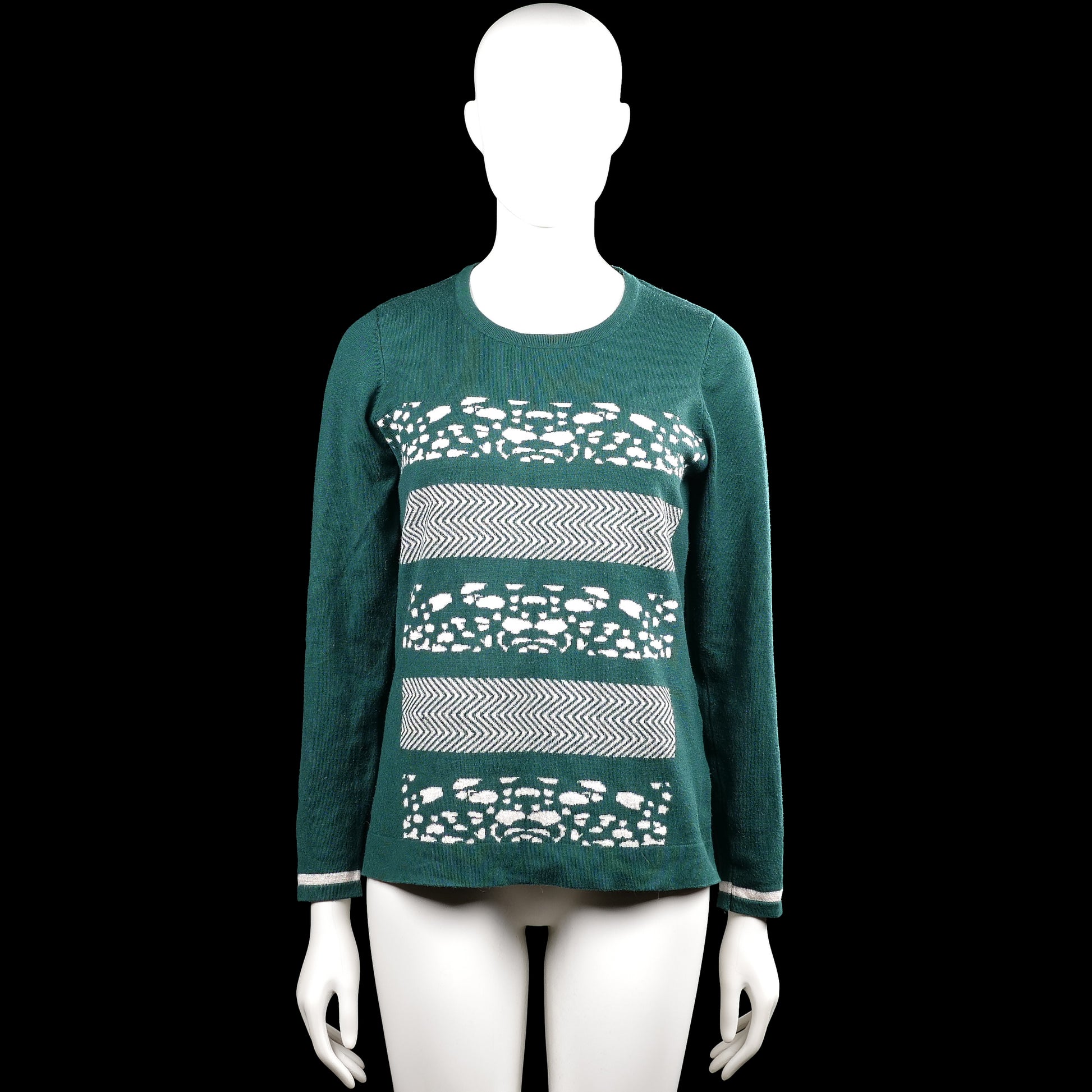 Micha - Long-sleeve top - Forest Green & White - Size S - Forest green and white long-sleeve top with a round neckline and straight hem. Features horizontal bands with mixed patterns and plain cuffs with a thin contrasting stripe.