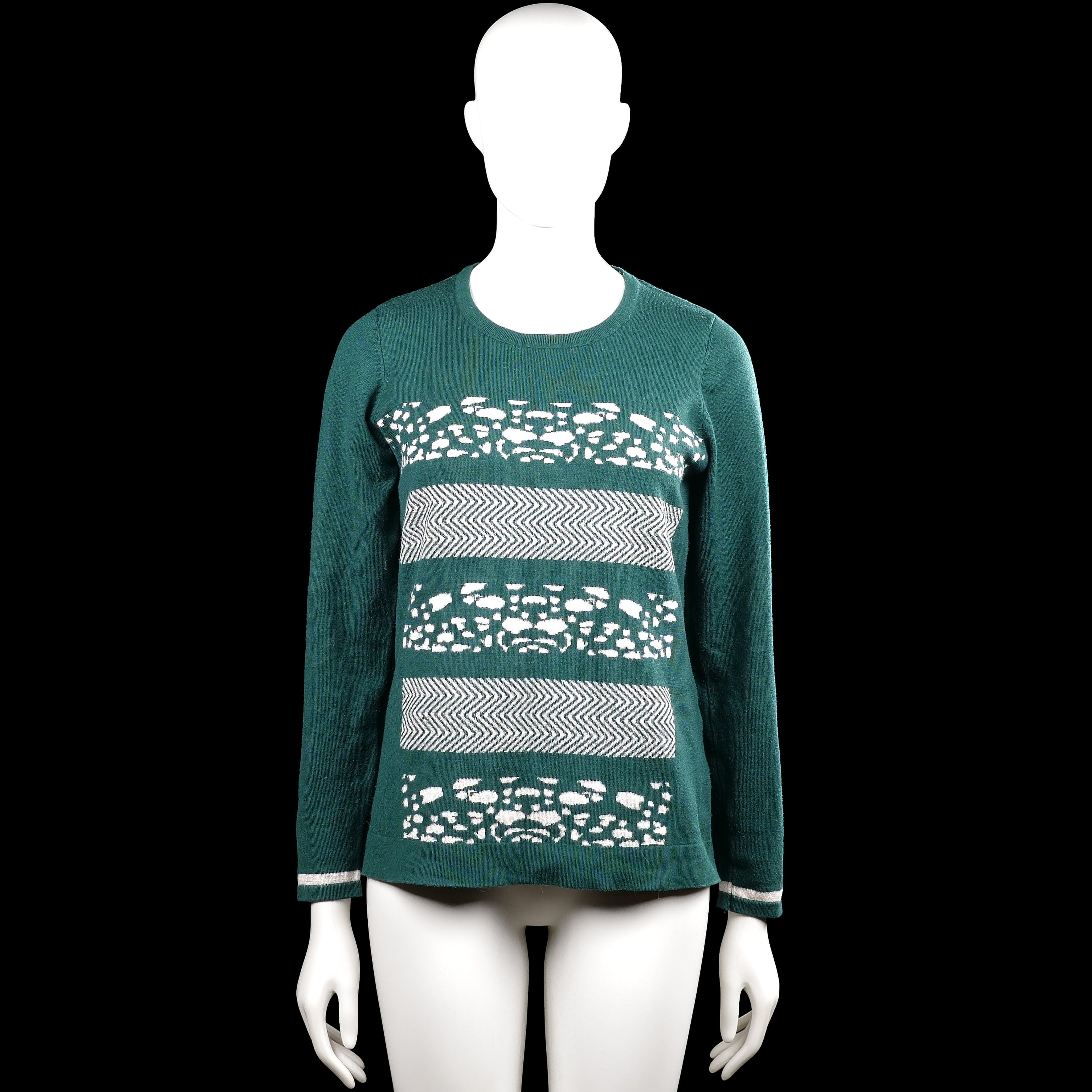 Micha - Long-sleeve top - Forest Green & White - Size S - Forest green and white long-sleeve top with a round neckline and straight hem. Features horizontal bands with mixed patterns and plain cuffs with a thin contrasting stripe.