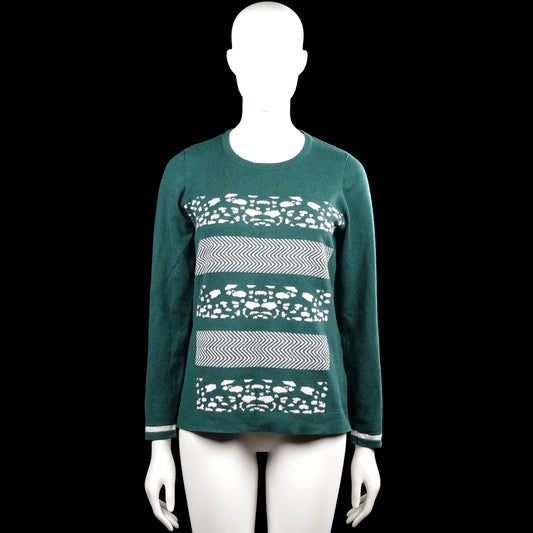 Micha - Long-sleeve top - Forest Green & White - Size S - Forest green and white long-sleeve top with a round neckline and straight hem. Features horizontal bands with mixed patterns and plain cuffs with a thin contrasting stripe.