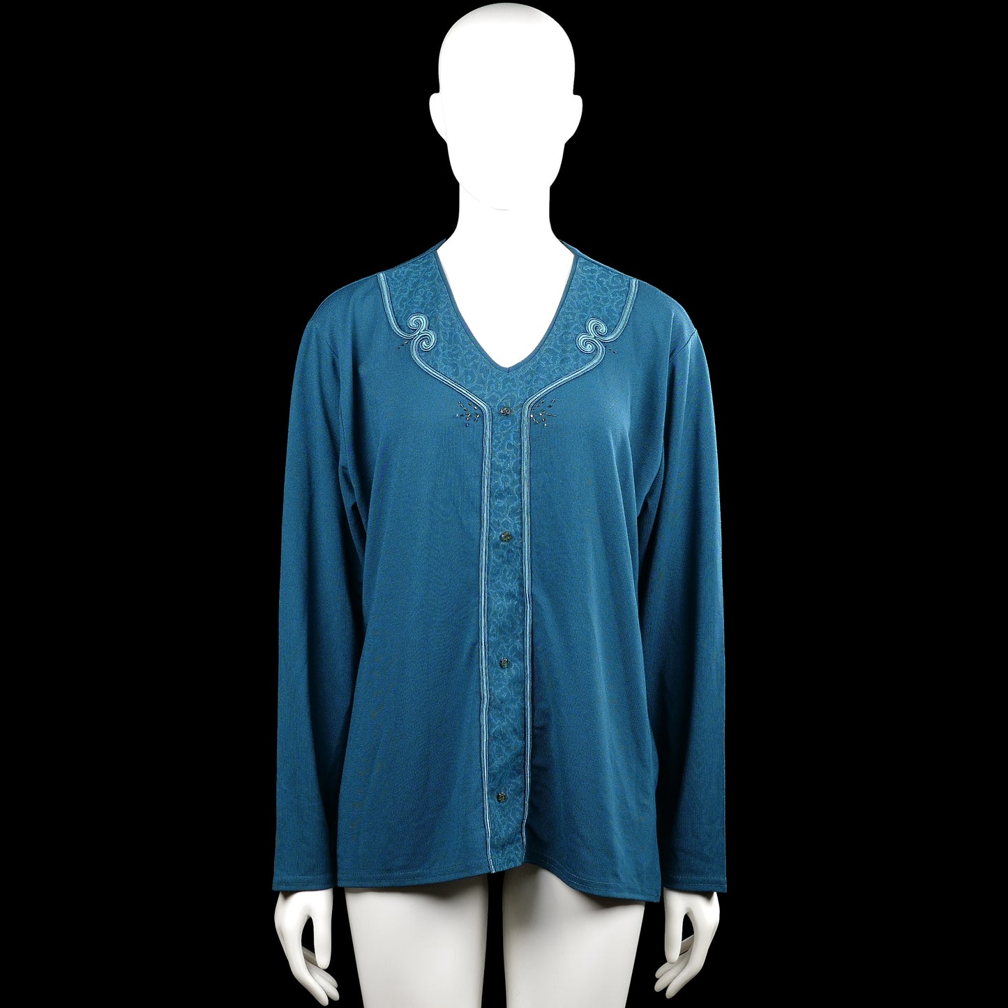 Pembe - Long-sleeve top - Turquoise - Size XL - (NEW) - Turquoise solid long-sleeve top with a V-neck and a front button closure. Features plain cuffs, a straight hem, and side slits.