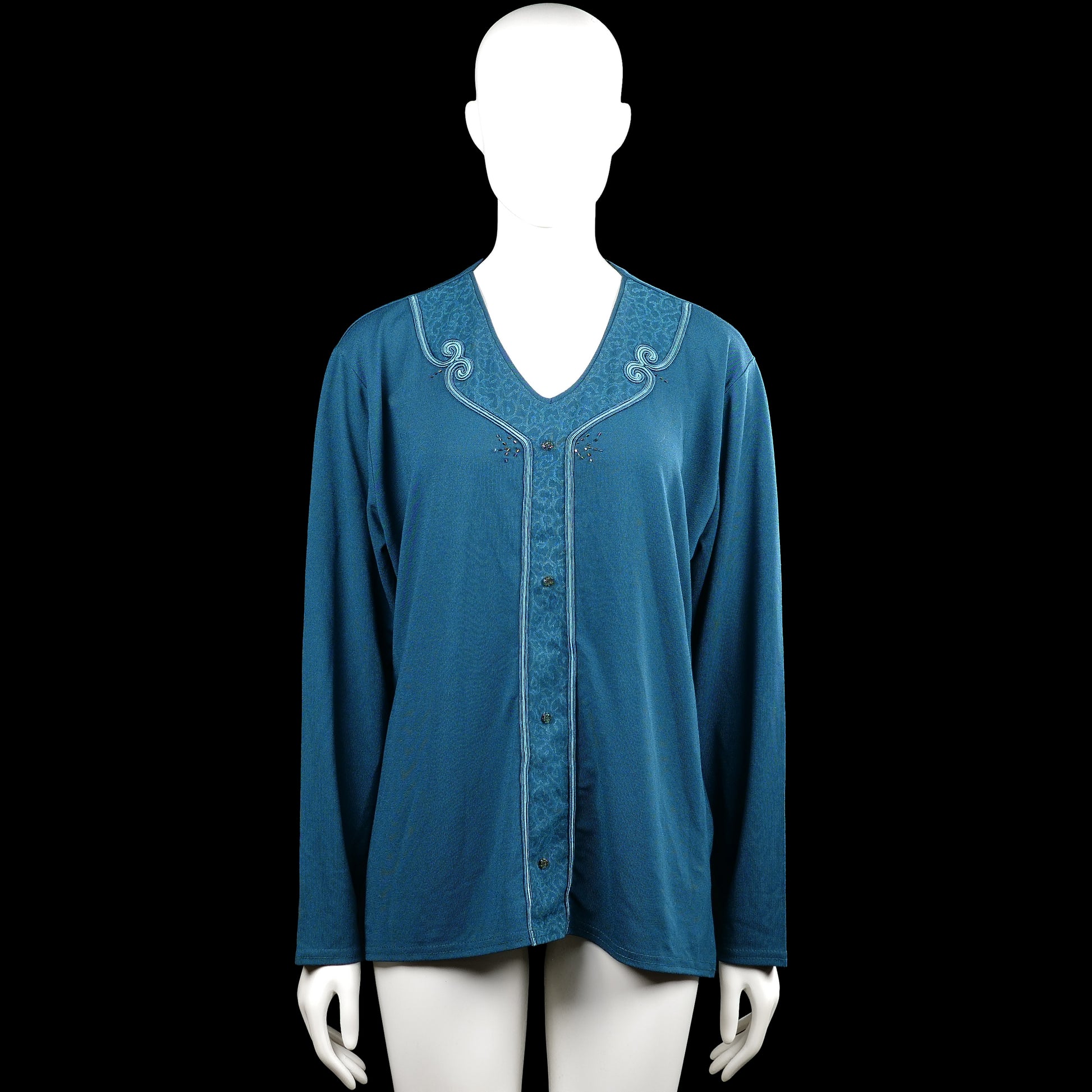 Pembe - Long-sleeve top - Turquoise - Size XL - (NEW) - Turquoise solid long-sleeve top with a V-neck and a front button closure. Features plain cuffs, a straight hem, and side slits.