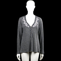 Didi - Long-sleeve top - Gray - Size XXL - Gray long-sleeve top with a V-neck and a partial button placket. Floral embroidery decorates both sides of the neckline, and the hem and cuffs are plain and straight.