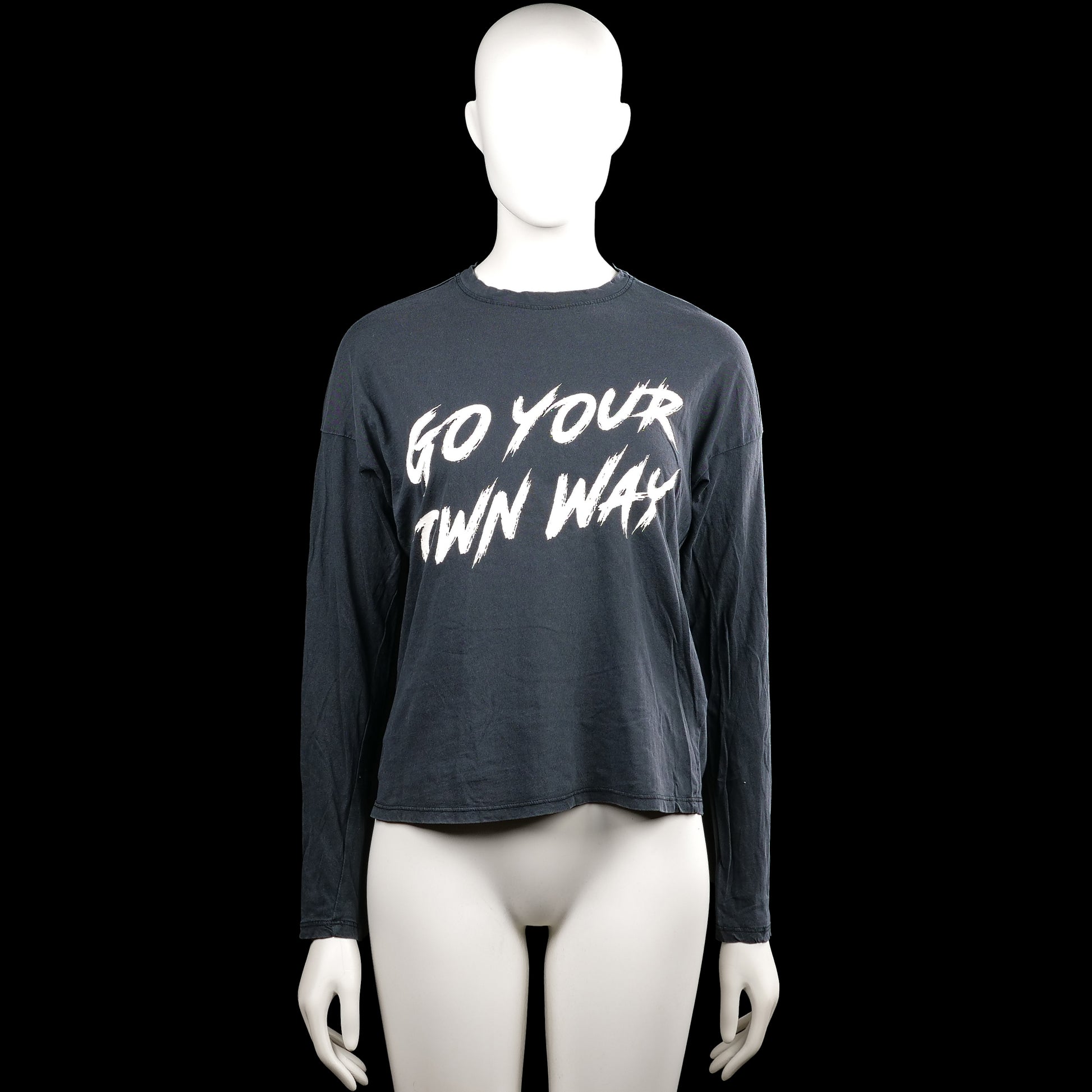 Gina Tricot - Long-sleeve top - Charcoal & White - Size XS - Charcoal long-sleeve top with a round neckline and straight hem. Large white text print across the front and plain cuffs.
