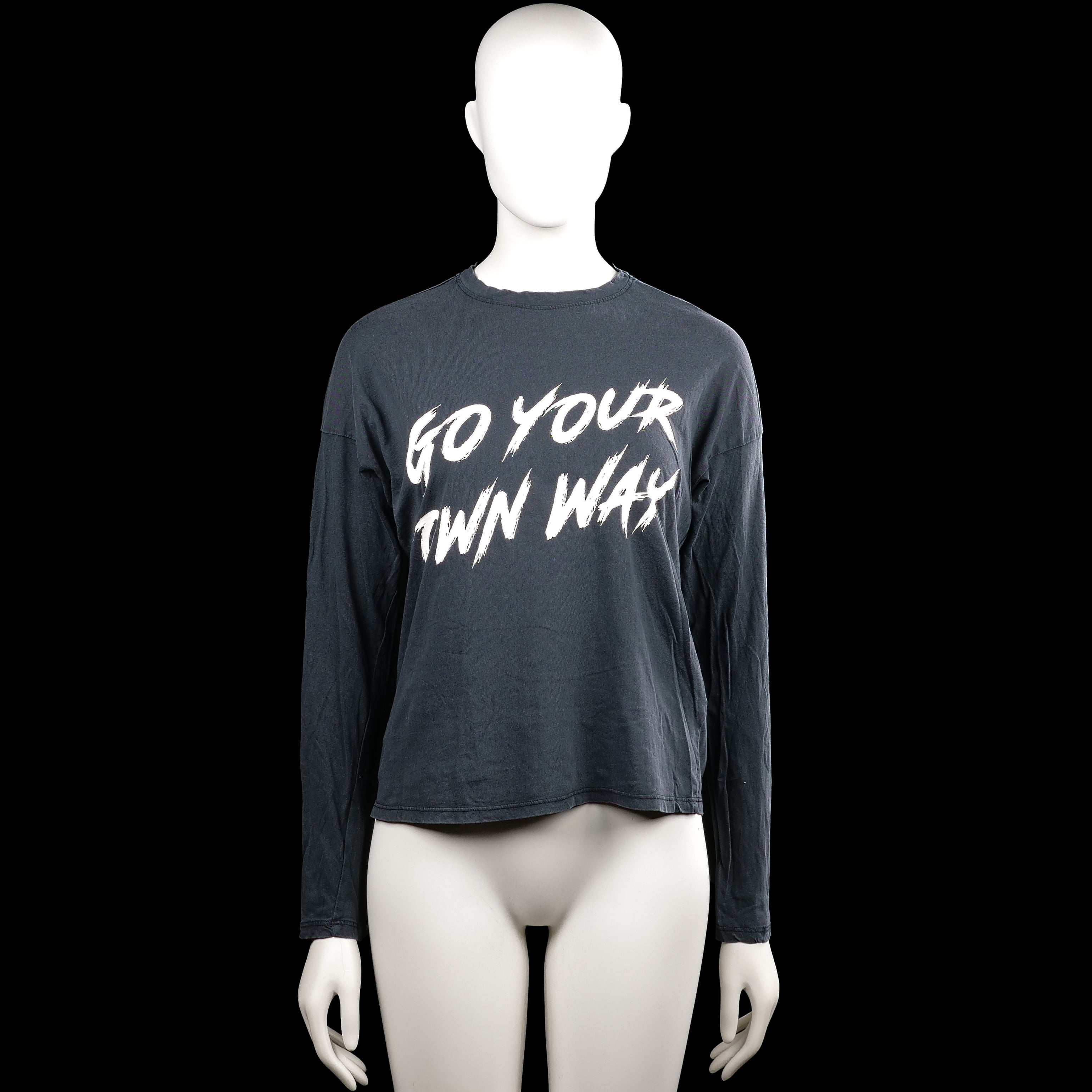 Gina Tricot - Long-sleeve top - Charcoal & White - Size XS - Charcoal long-sleeve top with a round neckline and straight hem. Large white text print across the front and plain cuffs.