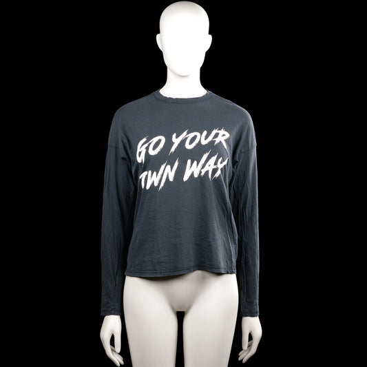 Gina Tricot - Long-sleeve top - Charcoal & White - Size XS - Charcoal long-sleeve top with a round neckline and straight hem. Large white text print across the front and plain cuffs.