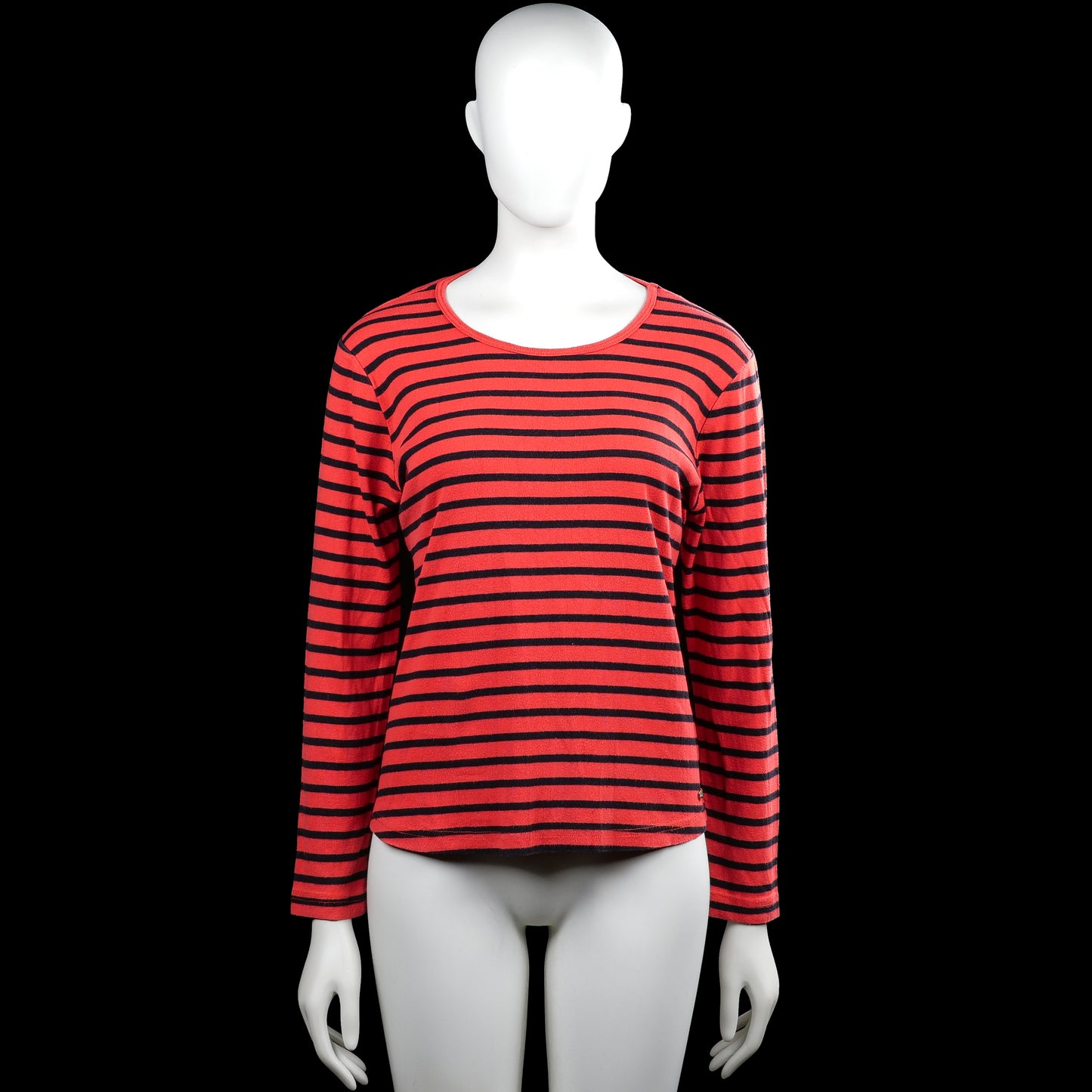 Cappuccini - Long-sleeve top - Red & Black - Size L - Red top with black horizontal stripes and a round neckline. Long sleeves with plain cuffs and a curved hem.