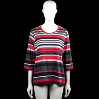 Brandtex - Long-sleeve top - Red & Charcoal - Size 2XL - Red, charcoal, and gray striped top with a scoop neckline and three-quarter sleeves. Straight hem with plain sleeve cuffs.