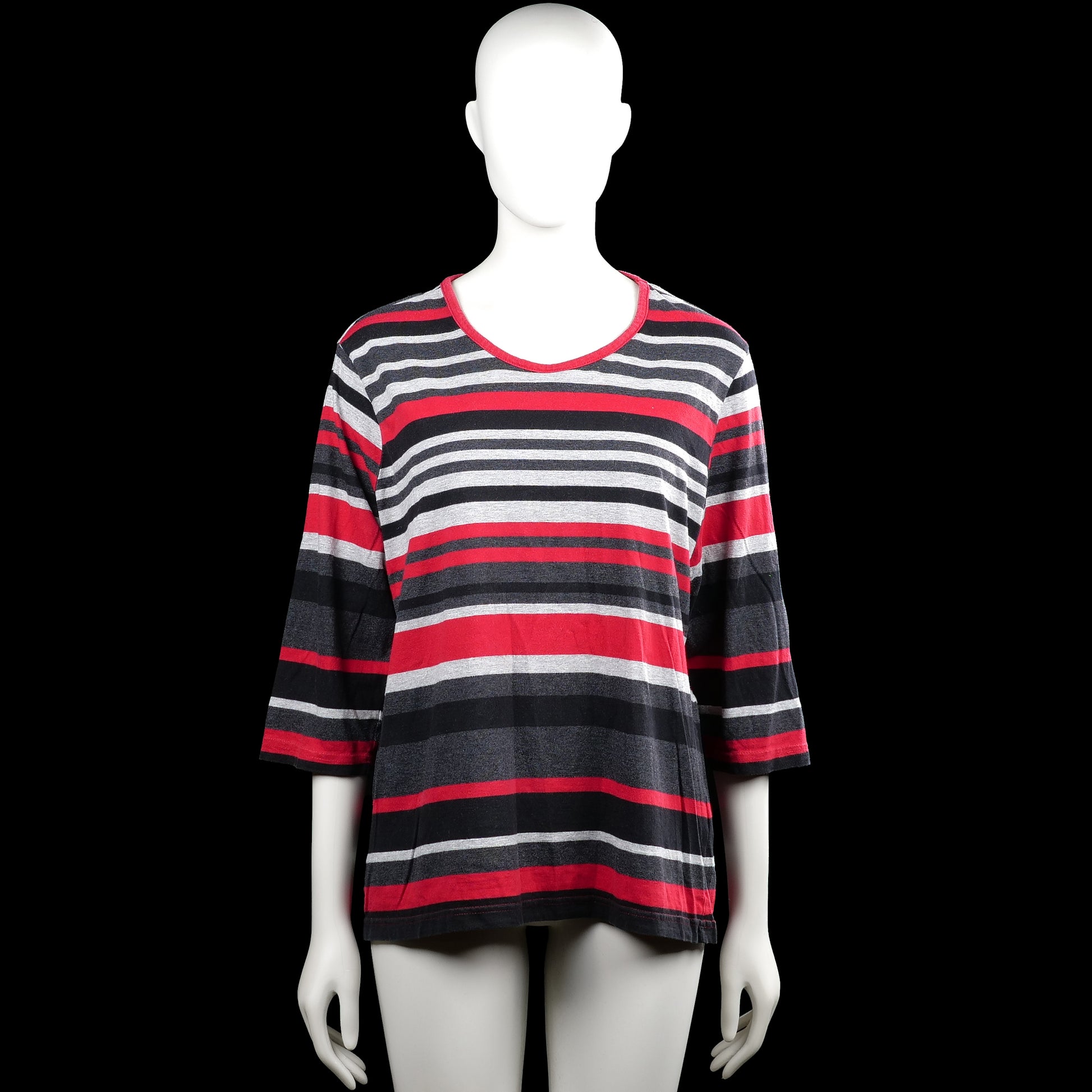 Brandtex - Long-sleeve top - Red & Charcoal - Size 2XL - Red, charcoal, and gray striped top with a scoop neckline and three-quarter sleeves. Straight hem with plain sleeve cuffs.