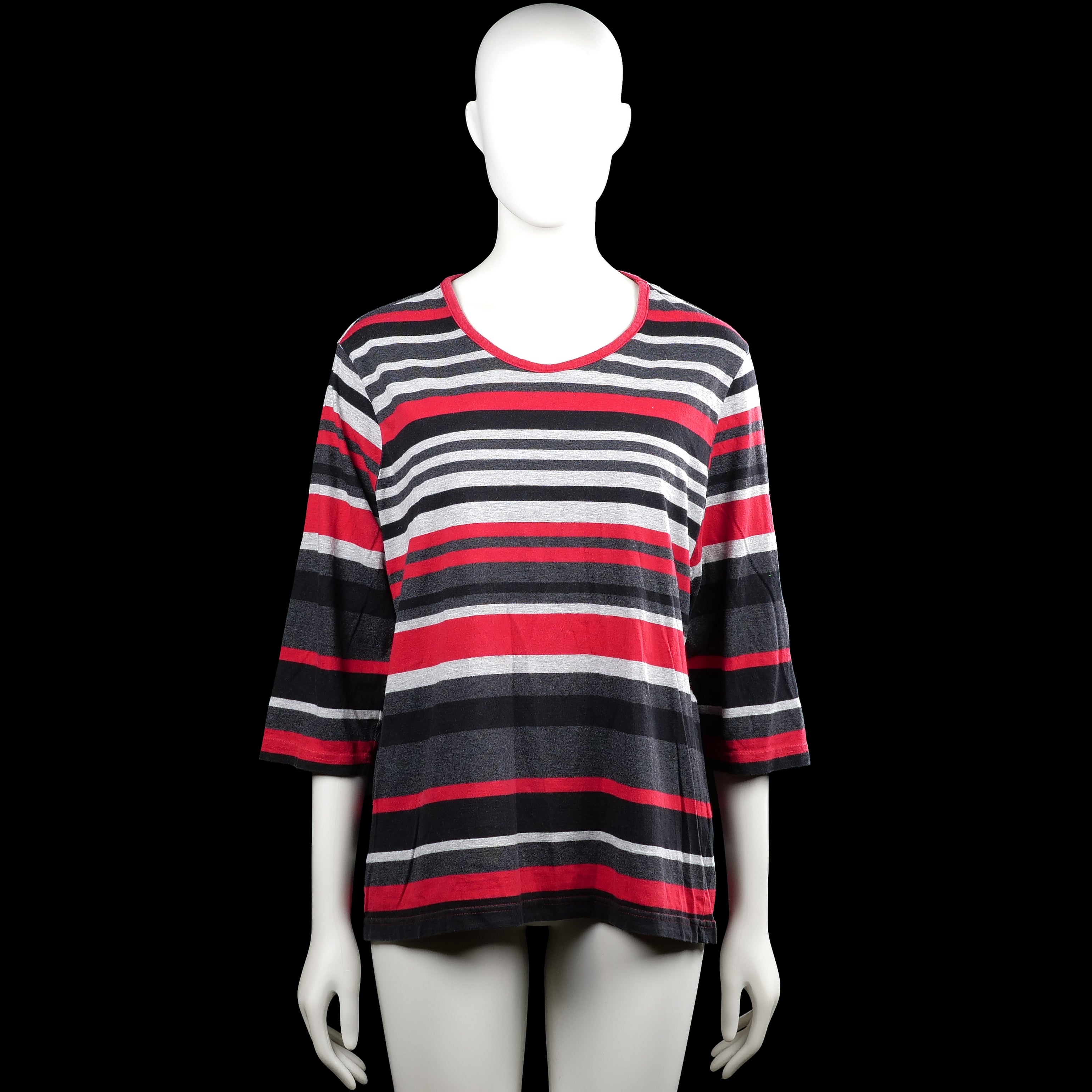 Brandtex - Long-sleeve top - Red & Charcoal - Size 2XL - Red, charcoal, and gray striped top with a scoop neckline and three-quarter sleeves. Straight hem with plain sleeve cuffs.