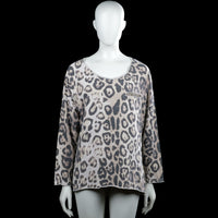 Tunic - Gray & Beige - Size L - Gray and beige leopard-pattern top with a scoop neckline and long sleeves. Features a small chest pocket and a curved hem with plain cuffs.