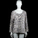 Tunic - Gray & Beige - Size L - Gray and beige leopard-pattern top with a scoop neckline and long sleeves. Features a small chest pocket and a curved hem with plain cuffs.