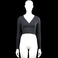 Shein - Long-sleeve top - Charcoal - Size S - Charcoal solid ribbed wrap-style cropped top with a V-neckline and long sleeves. Straight hem and plain cuffs.
