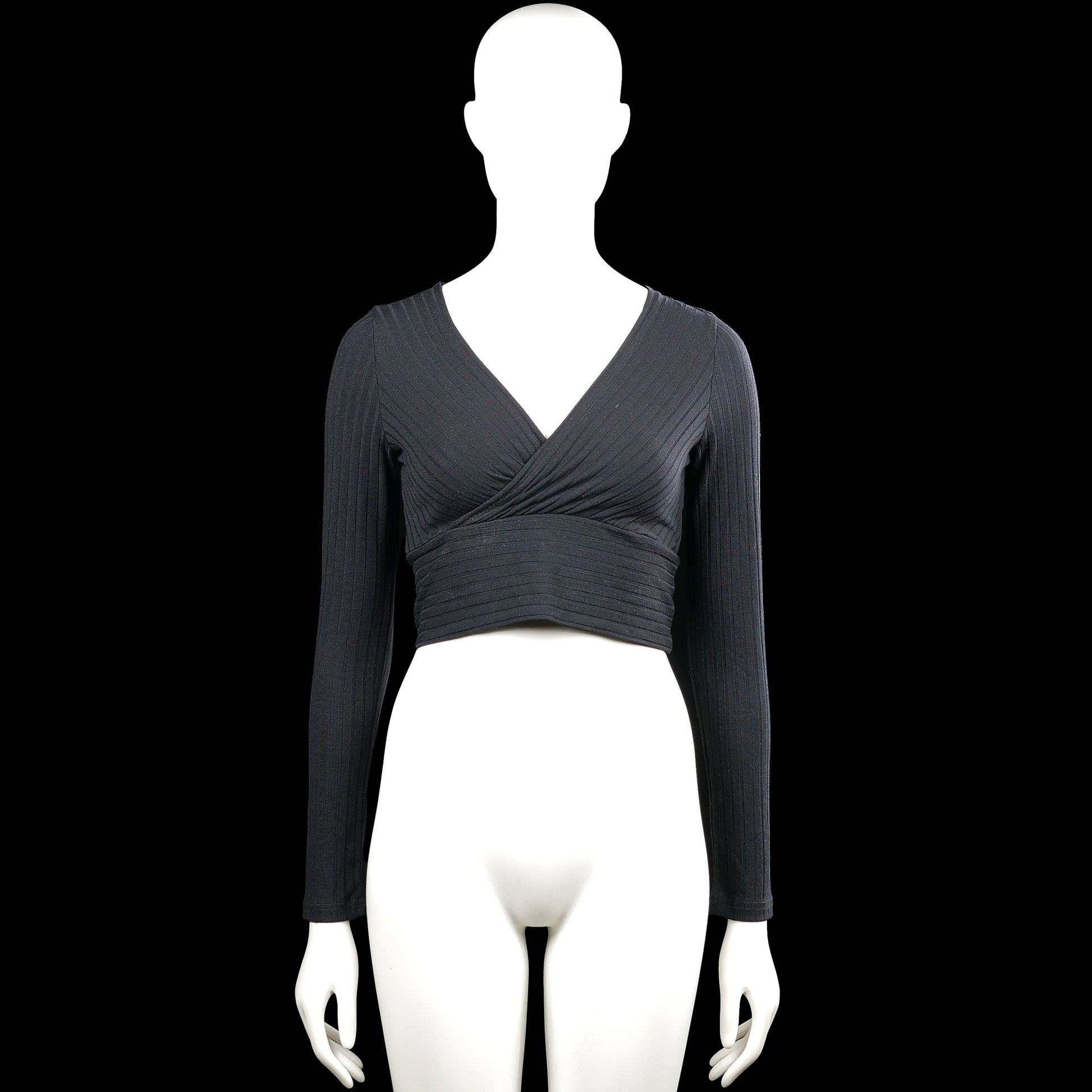 Shein - Long-sleeve top - Charcoal - Size S - Charcoal solid ribbed wrap-style cropped top with a V-neckline and long sleeves. Straight hem and plain cuffs.