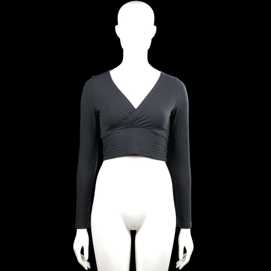 Shein - Long-sleeve top - Charcoal - Size S - Charcoal solid ribbed wrap-style cropped top with a V-neckline and long sleeves. Straight hem and plain cuffs.