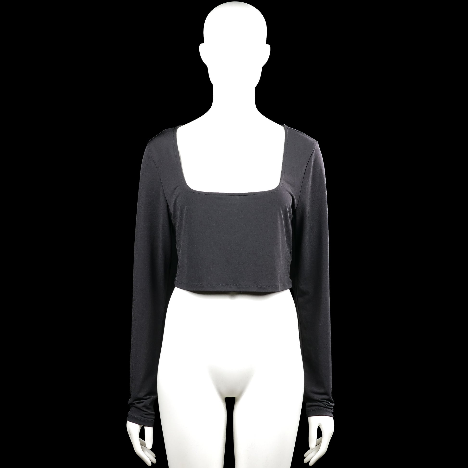 Gina Tricot - Long-sleeve top - Black - Size XL - Black solid cropped top with a squared neckline and long sleeves. Features plain cuffs and a straight hem.