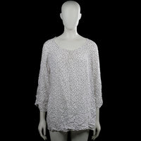 C&A - Blouse - White & Black - Size 48 - White top with a black dotted pattern and a scoop neckline. Three-quarter sleeves with plain cuffs and a straight hem, with a small keyhole opening and button at the back neckline.