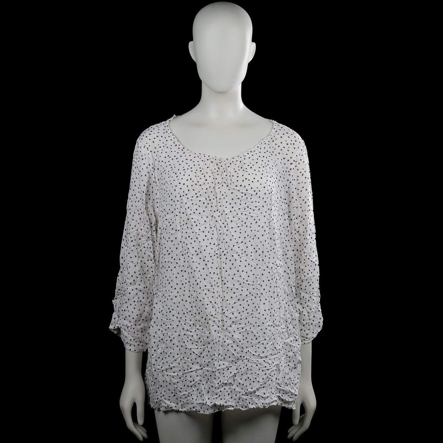 C&A - Blouse - White & Black - Size 48 - White top with a black dotted pattern and a scoop neckline. Three-quarter sleeves with plain cuffs and a straight hem, with a small keyhole opening and button at the back neckline.