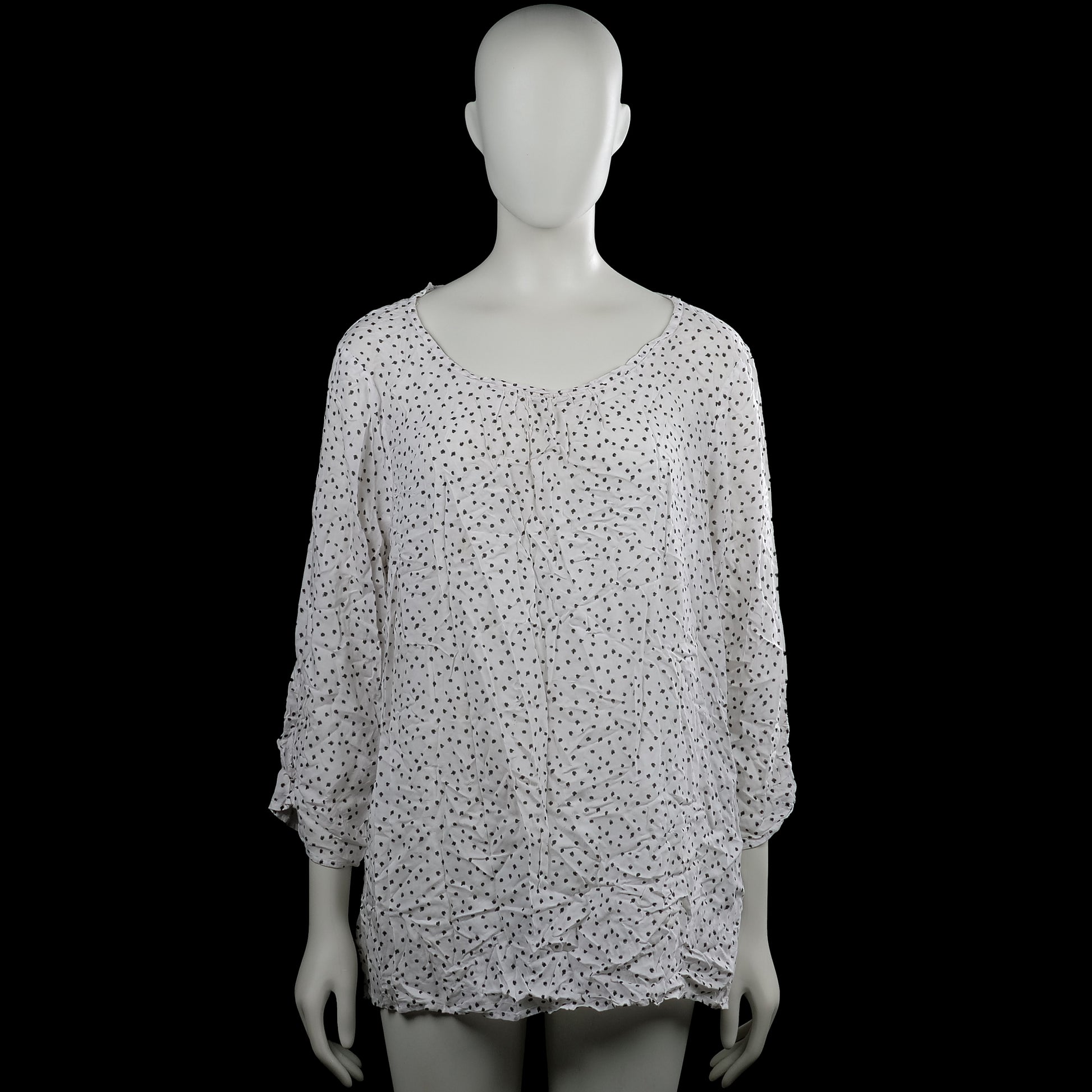 C&A - Blouse - White & Black - Size 48 - White top with a black dotted pattern and a scoop neckline. Three-quarter sleeves with plain cuffs and a straight hem, with a small keyhole opening and button at the back neckline.