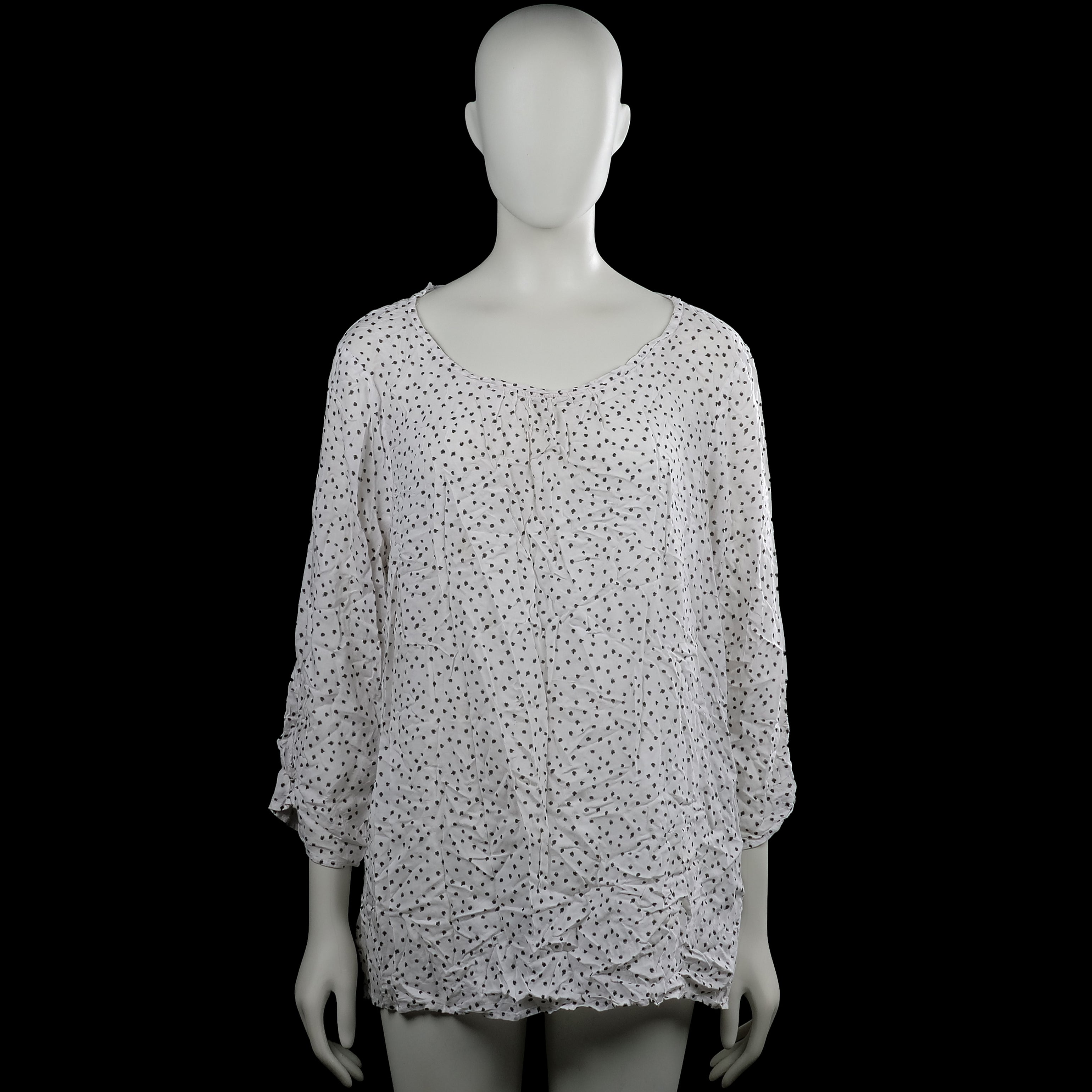 C&A - Blouse - White & Black - Size 48 - White top with a black dotted pattern and a scoop neckline. Three-quarter sleeves with plain cuffs and a straight hem, with a small keyhole opening and button at the back neckline.