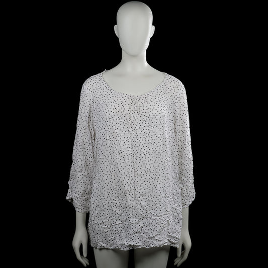 C&A - Blouse - White & Black - Size 48 - White top with a black dotted pattern and a scoop neckline. Three-quarter sleeves with plain cuffs and a straight hem, with a small keyhole opening and button at the back neckline.
