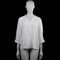 Jyothi - Blouse - White - Size M - White solid top with a V-neck and partial front placket. Features three-quarter sleeves with button cuffs and a curved hem.
