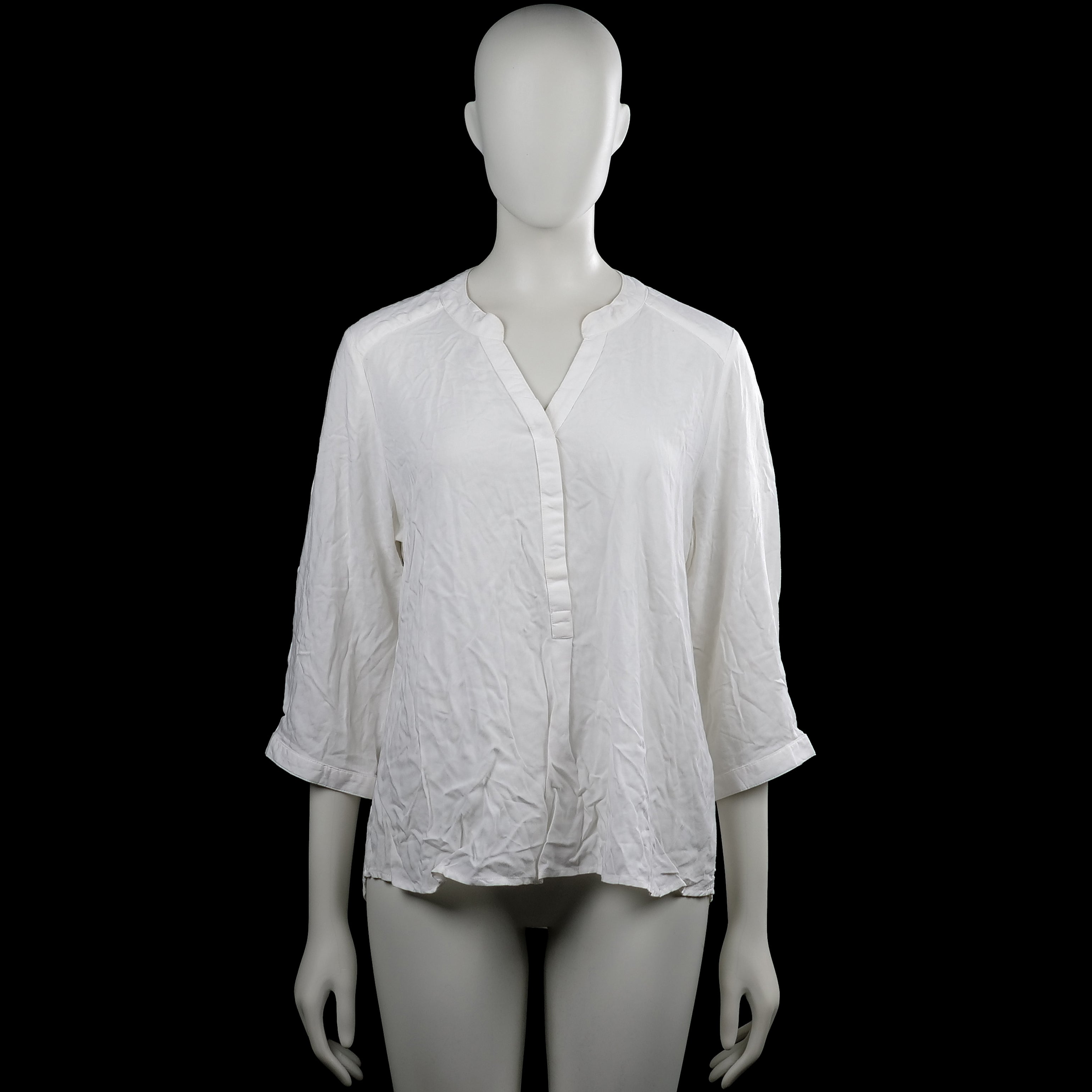 Jyothi - Blouse - White - Size M - White solid top with a V-neck and partial front placket. Features three-quarter sleeves with button cuffs and a curved hem.