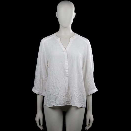Jyothi - Blouse - White - Size M - White solid top with a V-neck and partial front placket. Features three-quarter sleeves with button cuffs and a curved hem.