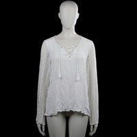 Gypsy costes - Blouse - White - Size L - White solid top with a V-neckline featuring crisscross lace-up ties and tassel ends. Long sleeves with lace panels and plain cuffs, with a straight hem.
