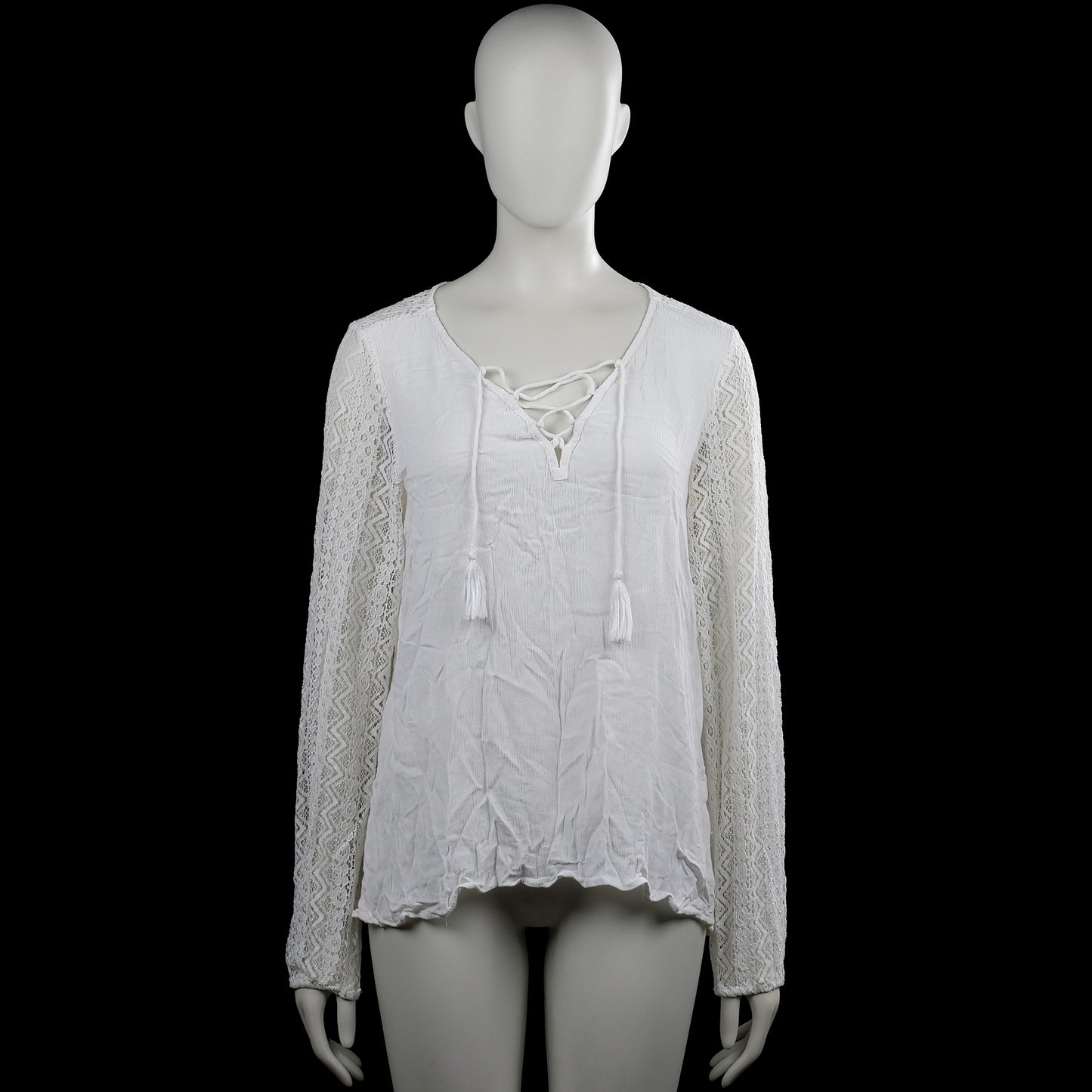 Gypsy costes - Blouse - White - Size L - White solid top with a V-neckline featuring crisscross lace-up ties and tassel ends. Long sleeves with lace panels and plain cuffs, with a straight hem.
