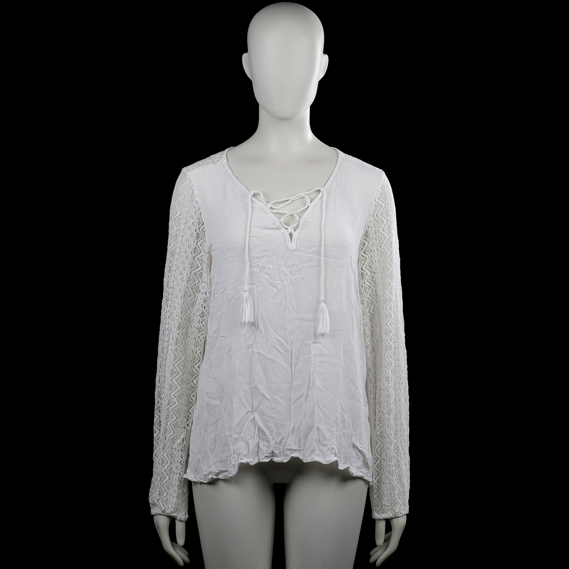 Gypsy costes - Blouse - White - Size L - White solid top with a V-neckline featuring crisscross lace-up ties and tassel ends. Long sleeves with lace panels and plain cuffs, with a straight hem.