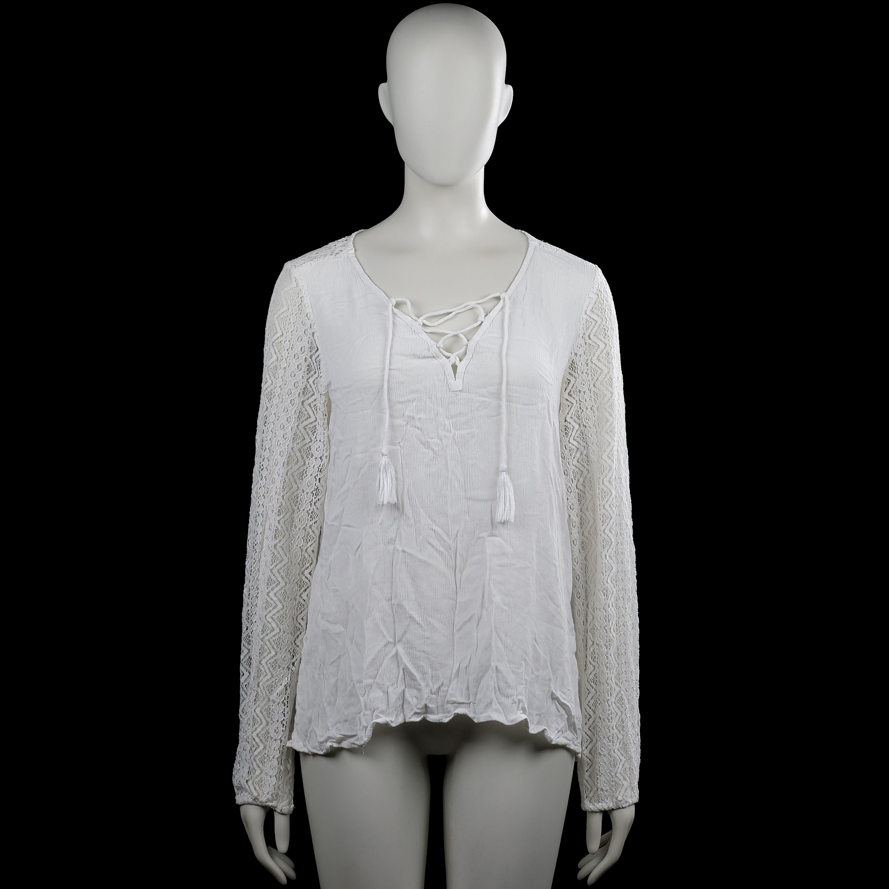 Gypsy costes - Blouse - White - Size L - White solid top with a V-neckline featuring crisscross lace-up ties and tassel ends. Long sleeves with lace panels and plain cuffs, with a straight hem.