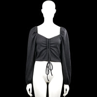 Gina Tricot - Long-sleeve top - Charcoal - Size M - Charcoal solid long-sleeve top with a squared neckline and ruched center front with a drawstring tie at the hem. Straight hem and elastic cuffs.