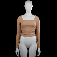 Shein - Long-sleeve top - Camel - Size S - Camel solid long-sleeve top with a squared neckline and straight hem. Features side ruching with tie details and plain cuffs.